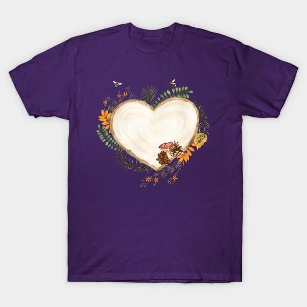 Fall Heart Shaped Trunk with Shrooms T-Shirt by susannefloe